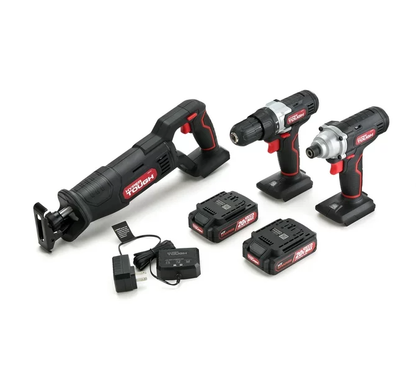 Hyper Tough 3 Tool Piece Set 20V Max Cordless Combo Kit with 3/8 inch Drill, 1/4 inch Impact Driver, Recip Saw with 2 1.5Ah Lithium-Ion Batteries, Charger, Wood Blade, Built-in LED Light and Bag