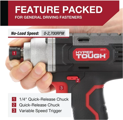 Hyper Tough 3 Tool Piece Set 20V Max Cordless Combo Kit with 3/8 inch Drill, 1/4 inch Impact Driver, Recip Saw with 2 1.5Ah Lithium-Ion Batteries, Charger, Wood Blade, Built-in LED Light and Bag