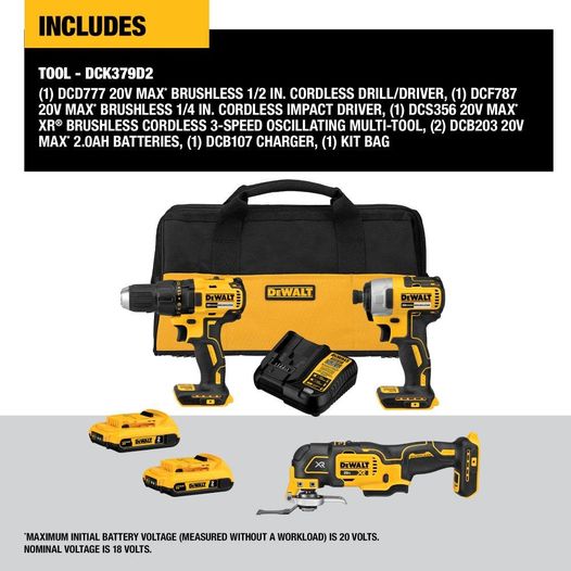 New Dewalt DCK379D2 20V MAX* XR® Brushless Compact Cordless 3-Toolx 2 Battery & Charger Combo Kit