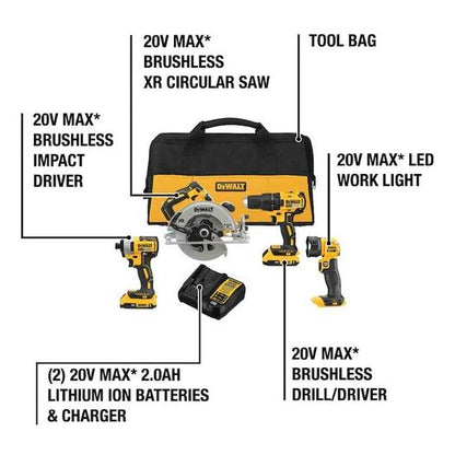 New DEWALT DCK477D2 20V MAX Brushless 4-Tool Combo Kit (2.0Ah) x 2 Batteries