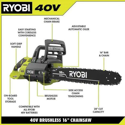 New RYOBI 40V Brushless 16-inch Cordless Battery Chainsaw with 4.0 Ah Battery and Charger RY40550