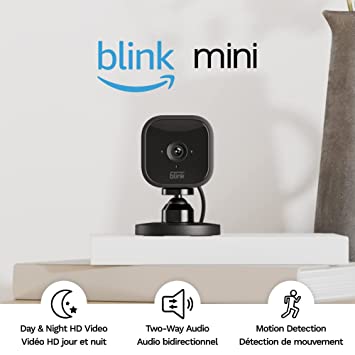 Blink Mini – Compact indoor plug-in smart security camera, 1080p HD video, night vision, motion detection, two-way audio, easy set up, Works with Alexa