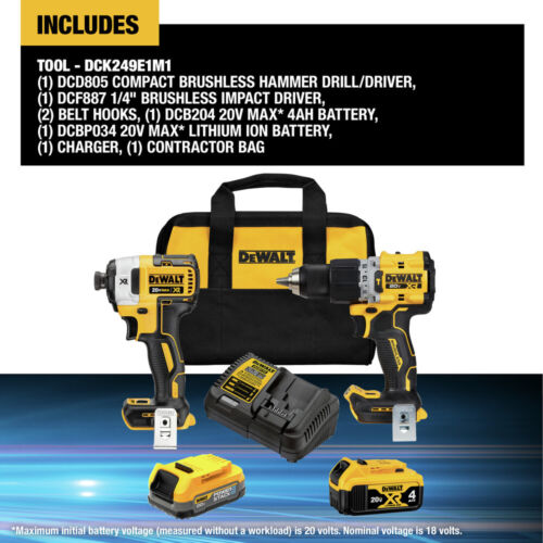 DEWALT 20V MAX XR HD-Impact Kit with 2 Batteries, Charger and Tool Bag
- DCK249E1M1