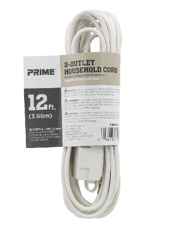 Prime Ec660612 Spt-2 Type Extension Cord, 16 Awg Cable, Plug, 12 Ft L, 13 A, 125 V, White